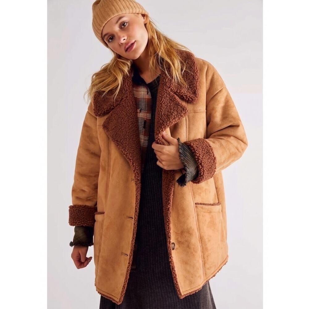 Free People Western Bohemian Retro 70s Faux Sherpa Suede Diogo Coat Size XL - Picture 12 of 13